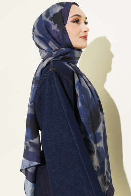 Ebruli Desenli Bambu Kraş Şal Lacivert - Başörtüsü