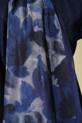 Ebruli Desenli Bambu Kraş Şal Lacivert - Başörtüsü