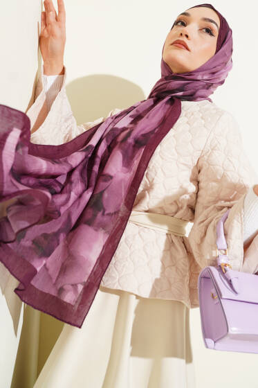 Ebruli Desenli Bambu Kraş Şal Mürdüm - Başörtüsü