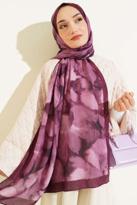 Ebruli Desenli Bambu Kraş Şal Mürdüm - Başörtüsü