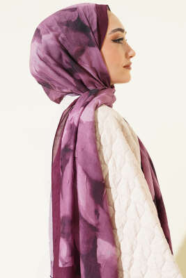 Ebruli Desenli Bambu Kraş Şal Mürdüm - Başörtüsü