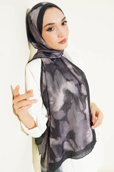 Ebruli Desenli Bambu Kraş Şal Siyah - Başörtüsü