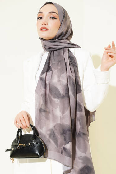 Ebruli Desenli Bambu Kraş Şal Taş Gri - Başörtüsü
