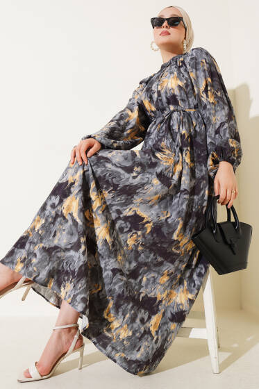 Ebruli Desenli Elbise Duman Gri - Elbise