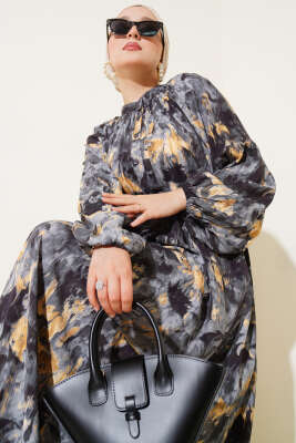 Ebruli Desenli Elbise Duman Gri - Tesettür Elbise