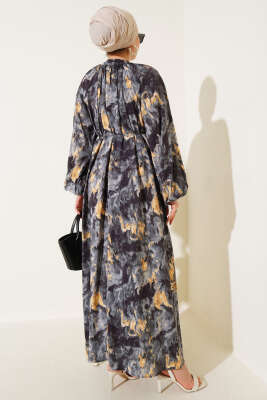 Ebruli Desenli Elbise Duman Gri - Tesettür Elbise