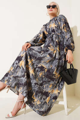 Ebruli Desenli Elbise Duman Gri