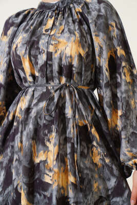 Ebruli Desenli Elbise Duman Gri - Tesettür Elbise