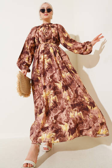 Ebruli Desenli Elbise Kahve - Elbise