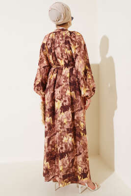 Ebruli Desenli Elbise Kahve - Tesettür Elbise