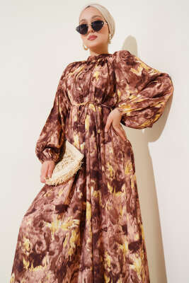 Ebruli Desenli Elbise Kahve - Tesettür Elbise