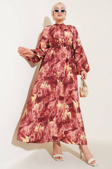 Ebruli Desenli Elbise Kiremit - Elbise