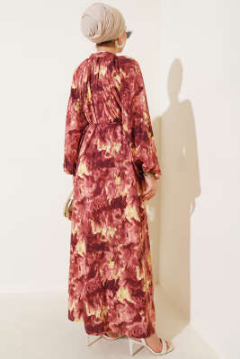 Ebruli Desenli Elbise Kiremit - Tesettür Elbise