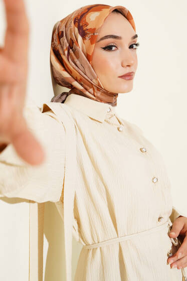 Ebruli Flowers Soft Eşarp Camel - Başörtüsü