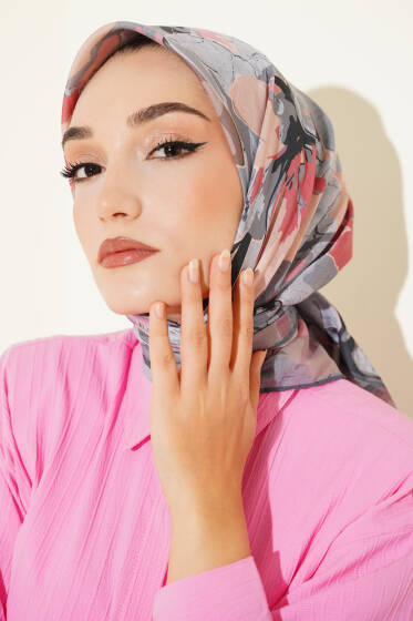 Ebruli Flowers Soft Eşarp Gri - Başörtüsü