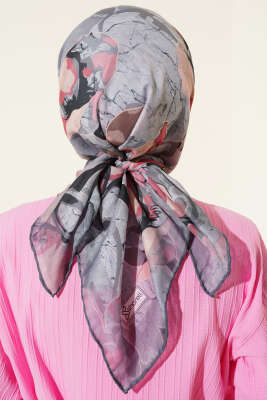 Ebruli Flowers Soft Eşarp Gri - Başörtüsü