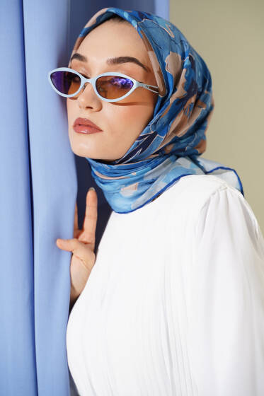Ebruli Flowers Soft Eşarp Mavi - Başörtüsü