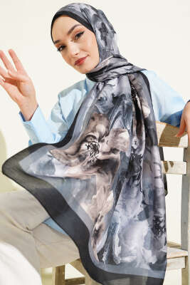 Ebruli Flowers Soft Şal Antrasit - MODA KAPRİS