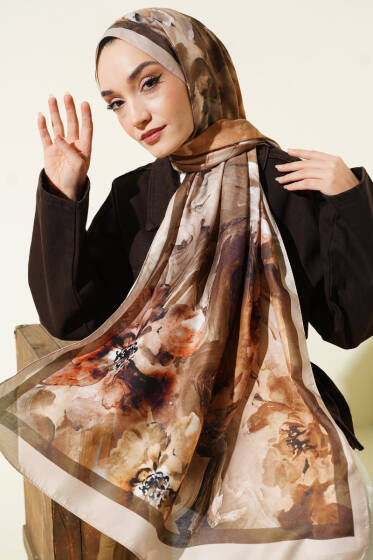 Ebruli Flowers Soft Şal Bej - Başörtüsü