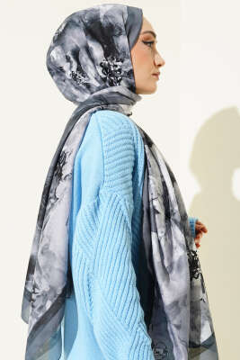 Ebruli Flowers Soft Şal Füme - Başörtüsü