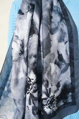 Ebruli Flowers Soft Şal Füme - Başörtüsü