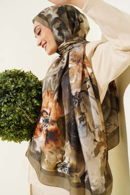Ebruli Flowers Soft Şal Haki - MODA KAPRİS
