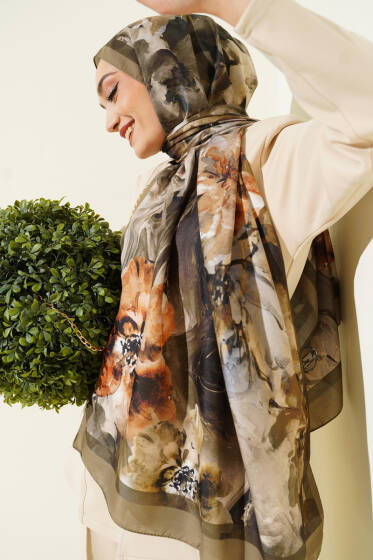 Ebruli Flowers Soft Şal Haki - Başörtüsü