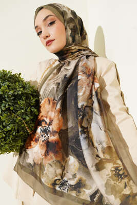 Ebruli Flowers Soft Şal Haki - Başörtüsü