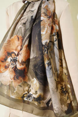 Ebruli Flowers Soft Şal Haki - Başörtüsü