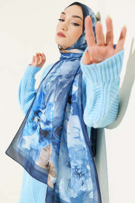 Ebruli Flowers Soft Şal Lacivert - MODA KAPRİS