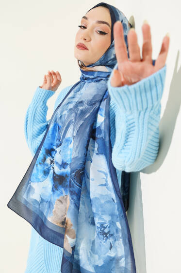 Ebruli Flowers Soft Şal Lacivert - Başörtüsü