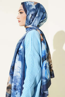 Ebruli Flowers Soft Şal Lacivert - Başörtüsü