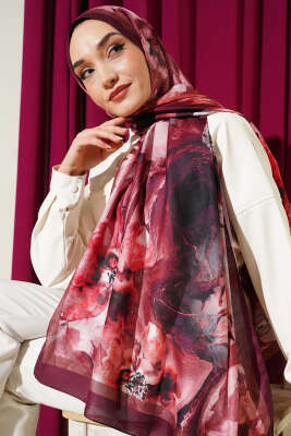 Ebruli Flowers Soft Şal Mürdüm - Başörtüsü