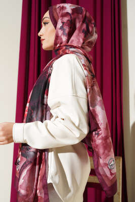 Ebruli Flowers Soft Şal Mürdüm - Başörtüsü