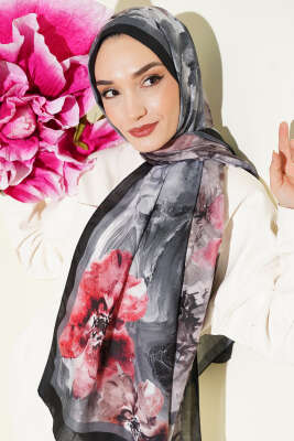 Ebruli Flowers Soft Şal Siyah - Başörtüsü