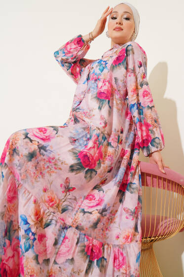 Ebruli Gül Desenli Elbise Pembe - Elbise