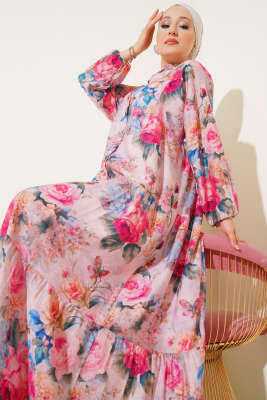 Ebruli Gül Desenli Elbise Pembe 