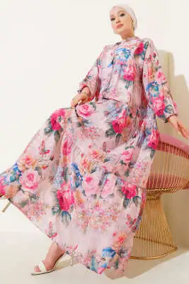 Ebruli Gül Desenli Elbise Pembe - Tesettür Elbise