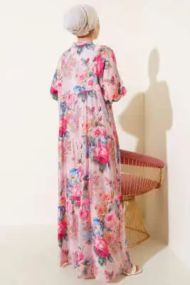 Ebruli Gül Desenli Elbise Pembe - Tesettür Elbise