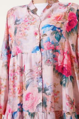 Ebruli Gül Desenli Elbise Pembe - Tesettür Elbise