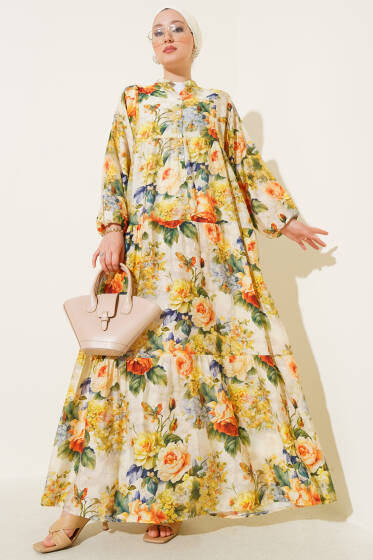 Ebruli Gül Desenli Elbise Sarı - Elbise