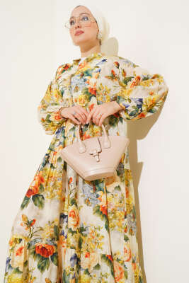 Ebruli Gül Desenli Elbise Sarı - Tesettür Elbise