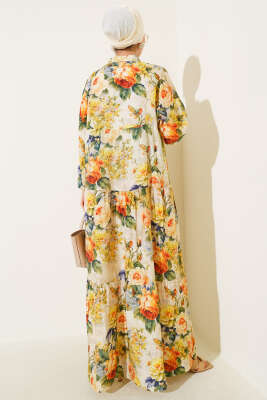 Ebruli Gül Desenli Elbise Sarı - Tesettür Elbise