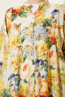 Ebruli Gül Desenli Elbise Sarı - Tesettür Elbise