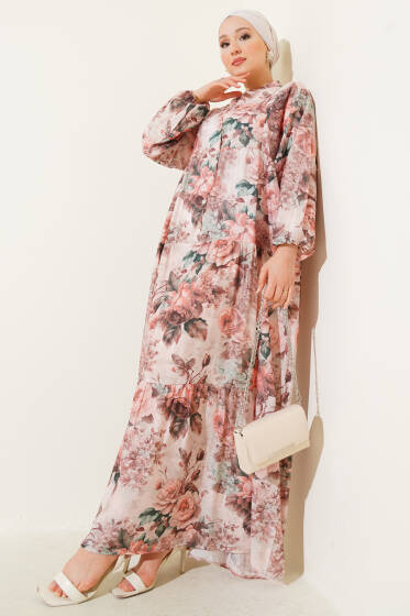 Ebruli Gül Desenli Elbise Somon - Elbise