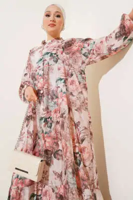 Ebruli Gül Desenli Elbise Somon - Tesettür Elbise