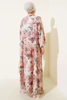 Ebruli Gül Desenli Elbise Somon - Tesettür Elbise