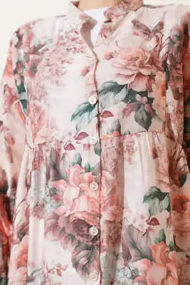 Ebruli Gül Desenli Elbise Somon - Tesettür Elbise