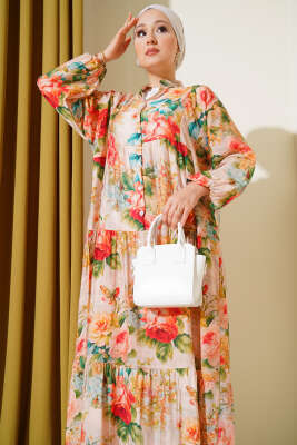 Ebruli Gül Desenli Elbise Yeşil - Tesettür Elbise