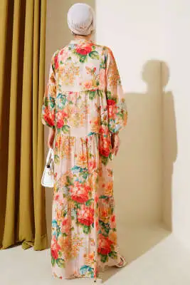 Ebruli Gül Desenli Elbise Yeşil - Tesettür Elbise